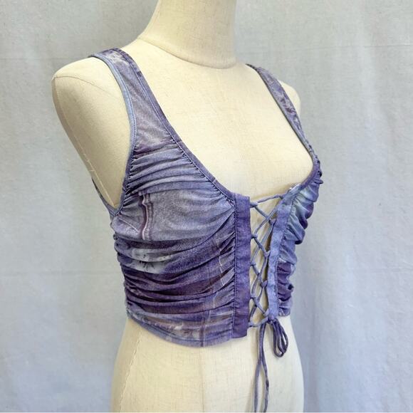 Urban Outfitters Ruched Lace-Up Mesh Tank Top Denim Jeans Print Size Medium - Picture 5 of 16